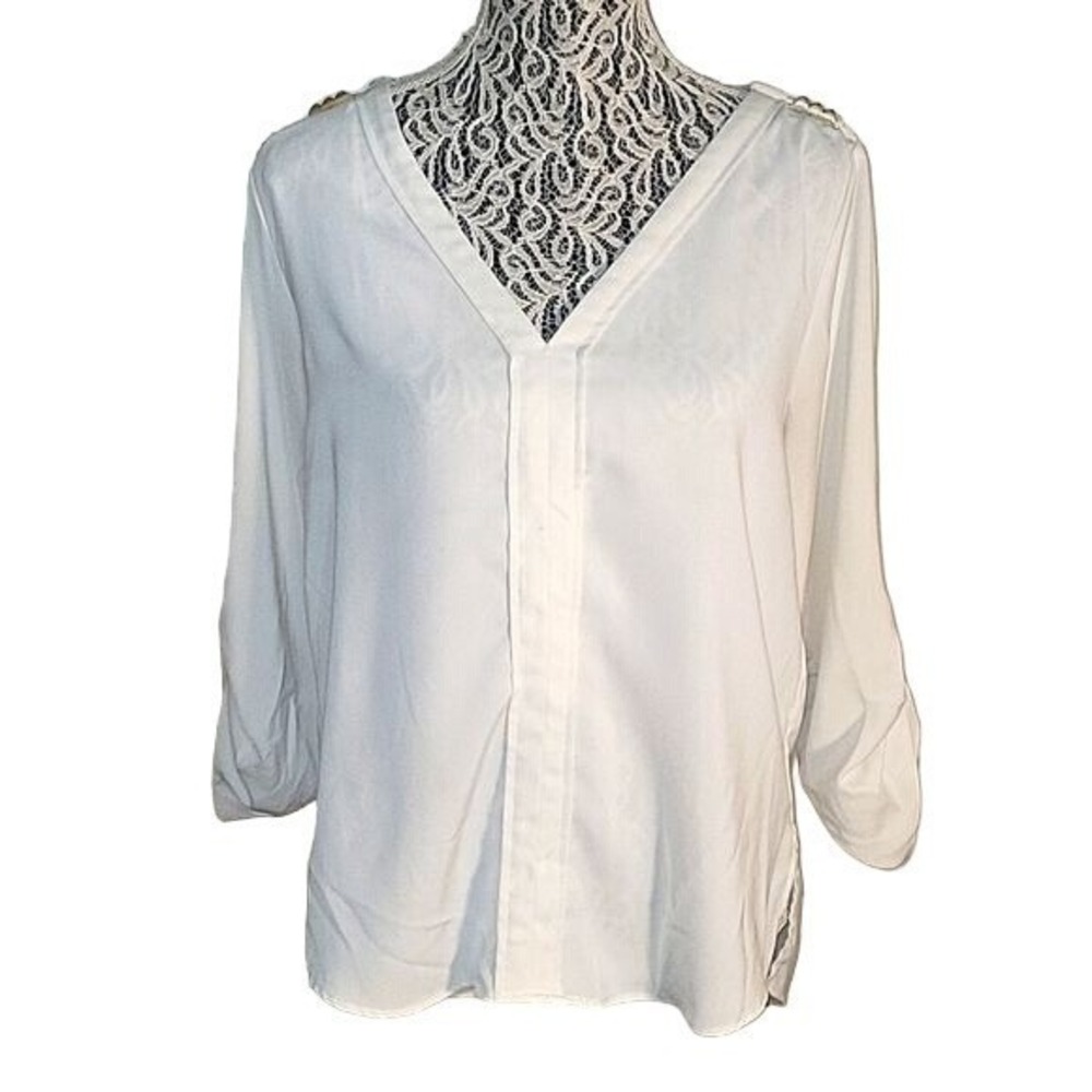 ZARA BASIC Womens White V Neck 3/4 Sleeve Roll Tab Blouse Top Stud Detail Size L